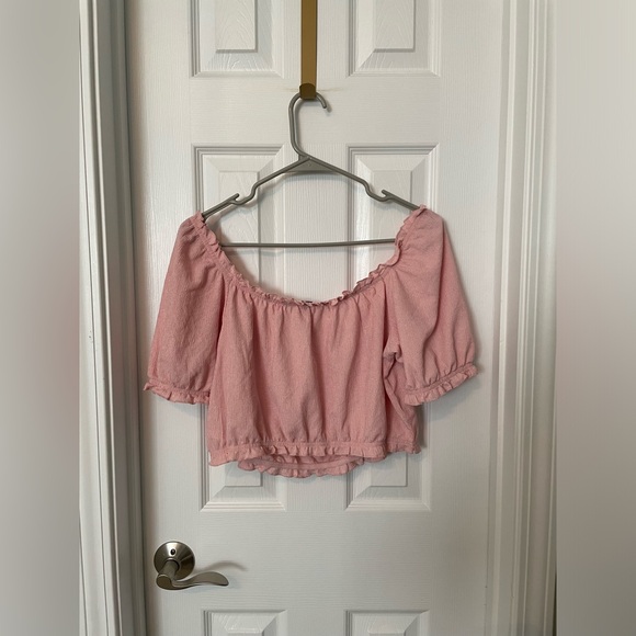 Divided Off The Shoulder Ruffle Trim Ruched Short Sleeve Blouse Crop Top - Picture 3 of 5